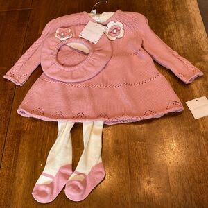 Shabby Chic 3-Piece Knit Sweater Dress Tights Hat Set Pink Size 3-6 Months
